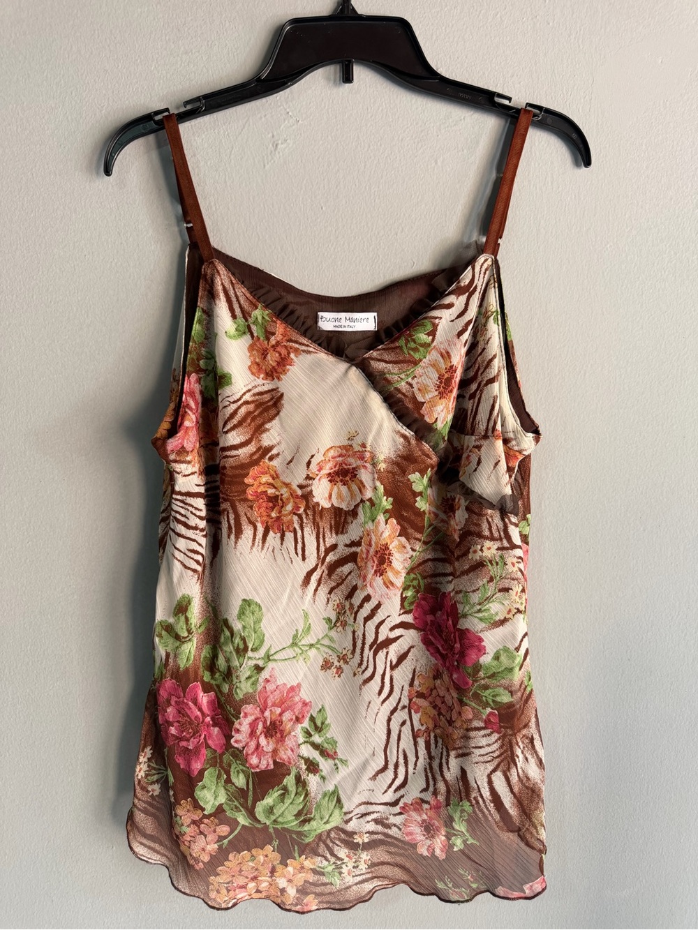 Valerie Stevens Brown Floral & Tiger-Stripe Satin Cami with Pink Accents